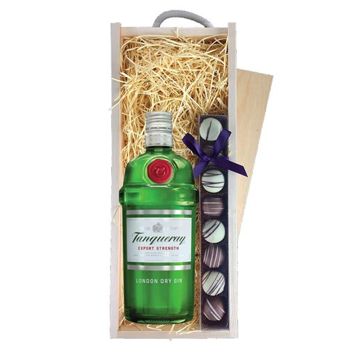Tanqueray Dry Gin 70cl & Heart Truffles, Wooden Box